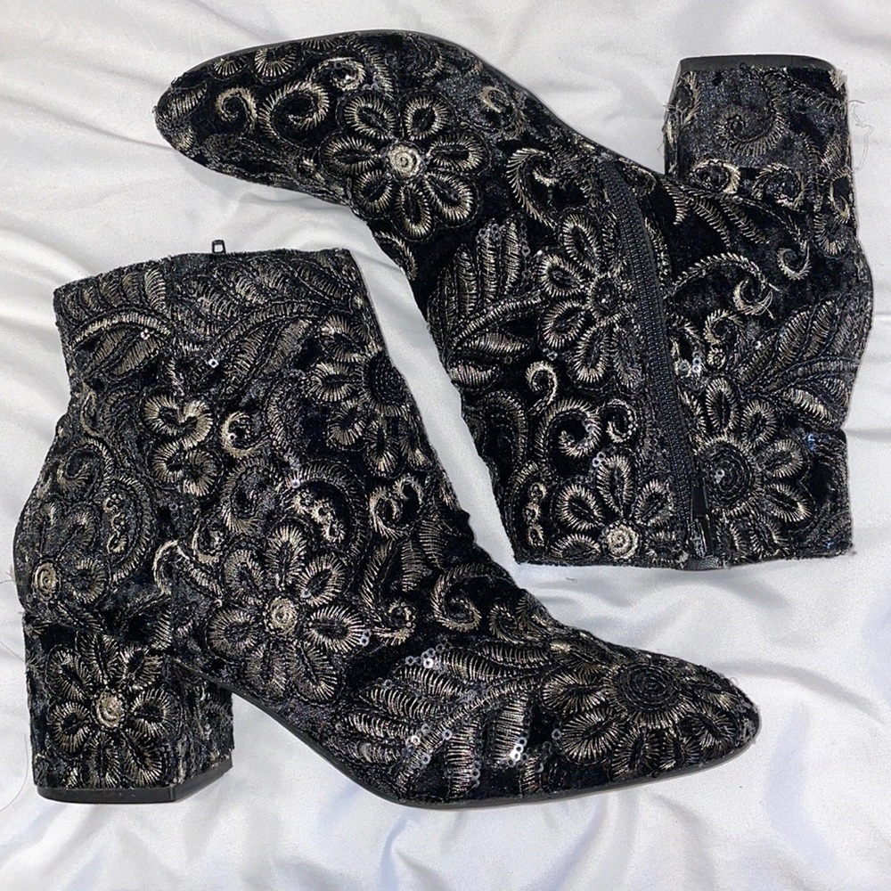 Aldo Black Velvet Ankle Boots with Platinum Embroidery